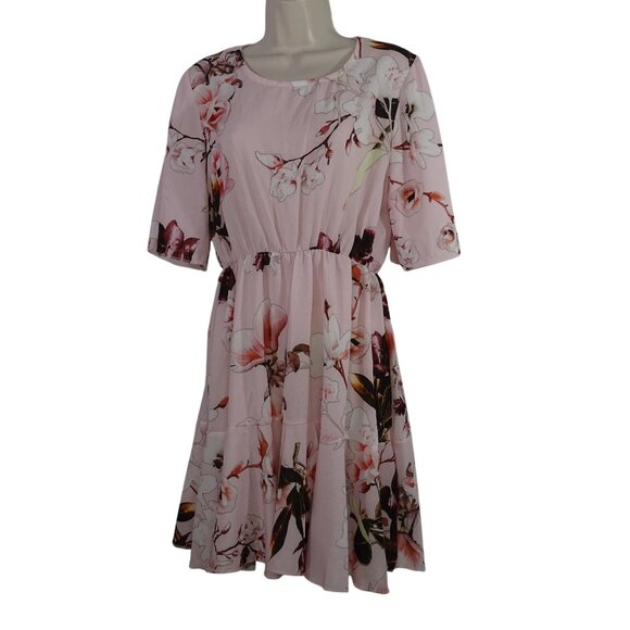 Boohoo Floral Crepe Smock Dress Women Size 12 Pink Tiered Short Sleeve NEW - Picture 1 of 10